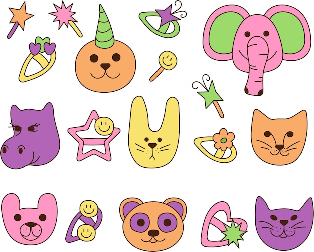 Girly 90s set cute and groovy girly set with hairpins and animal faces cartoon doodle vector