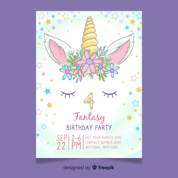Vector girly birthday invitation with unicorn