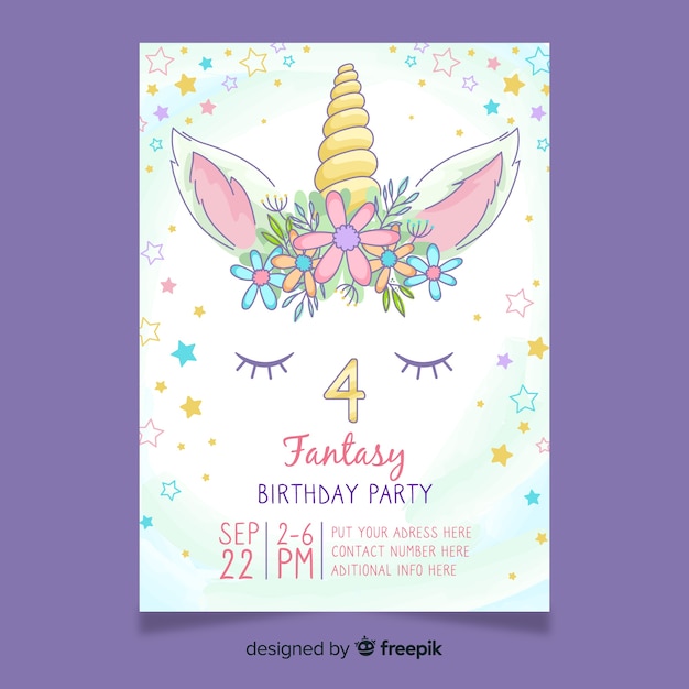 Girly birthday invitation with unicorn