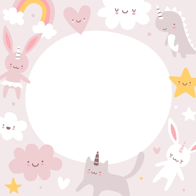 Girly frame with unicorn animals Cute pink border for kids stationery Baby scandinavian background