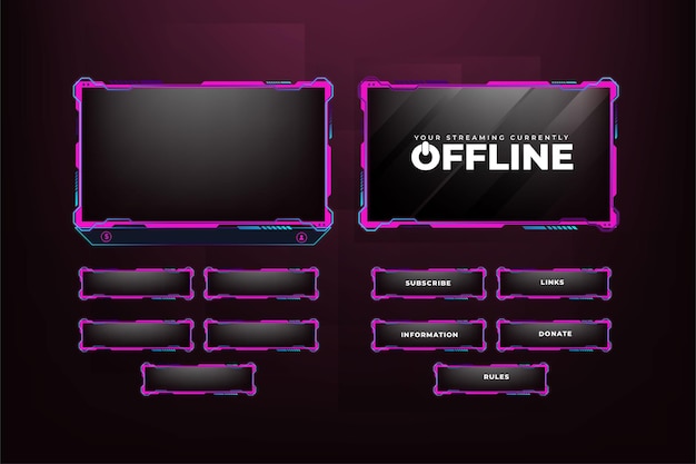 Girly gaming screen panel with pink and dark colors Online streaming overlay decoration with abstract shapes Live streaming overlay design with futuristic shapes and buttons Broadcast overlay