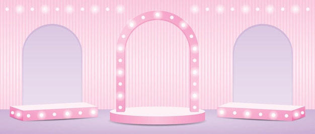 Girly light bulb arch backdrop stage and display box on sweet pastel background