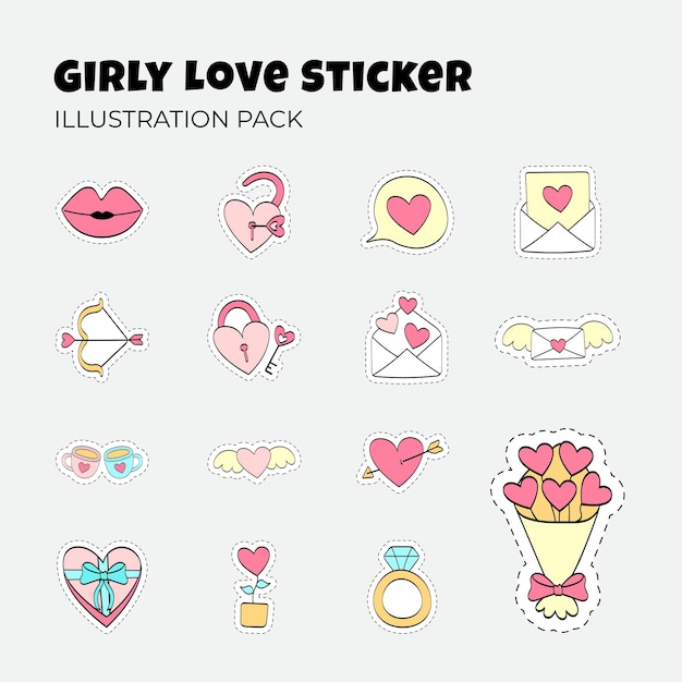girly love sticker icon set