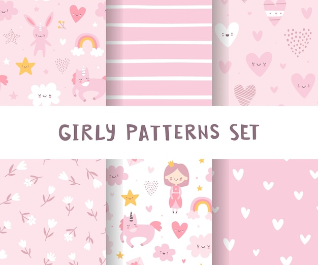 Collezione girly pattern rosa set di stampe vettoriali senza giunture carino set di modelli per bambini per abbigliamento e tessuti