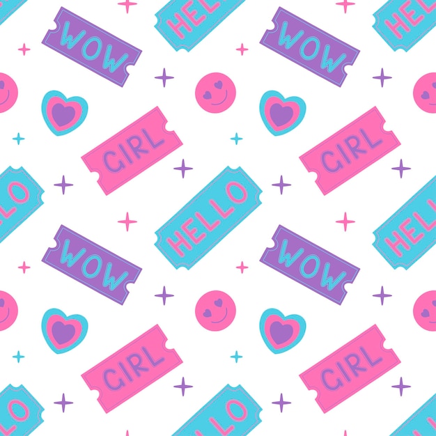 Girly pattern with cool cute stickers in y2k style Vector illustration