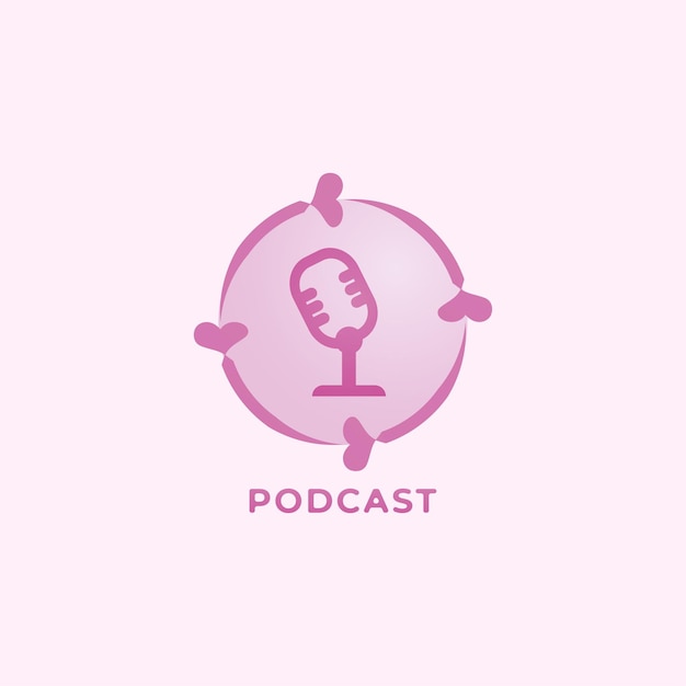 Girly podcast logo ontwerpsjabloon geïsoleerd op zacht roze achtergrond pinky condensator microfoon illustratie internet broadcasting online radiostation picturale logo