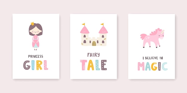 Girly poster set with princess castle and unicorn Fairytale prints collection for baby girl wall art