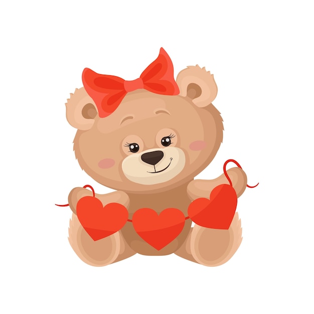 Girly teddy bear with red bow on head holding Valentine s heart garland Decorative graphic element for greeting postcard or baby shower poster Flat vector illustration isolated on white background