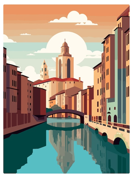 Vettore girona spagna poster di viaggio vintage souvenir cartolina ritratto pittura illustrazione wpa