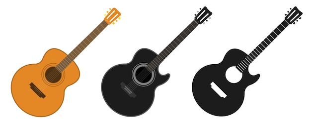 Gitaar akoestische vector silhouet eenvoudige grafische en platte cartoon zwart wit ontwerp illustratie moderne en oude retro muziekinstrument clipart afbeelding