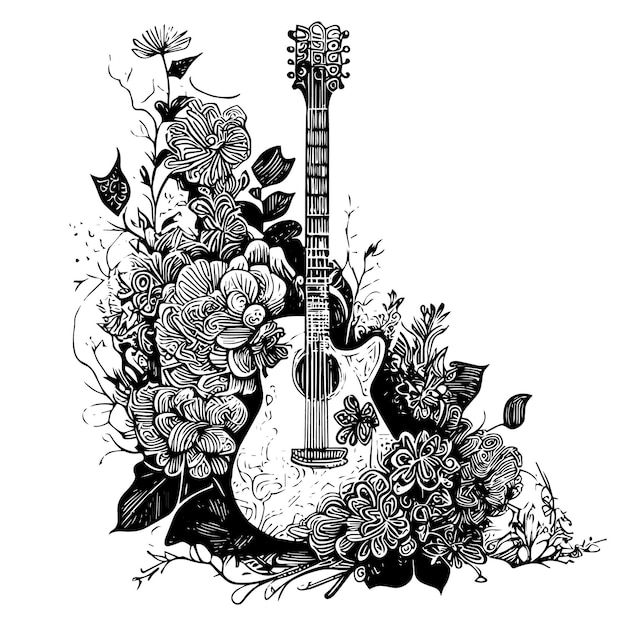 gitaar met bloemenornament is een mooie en unieke handgetekende illustratie van een instrument