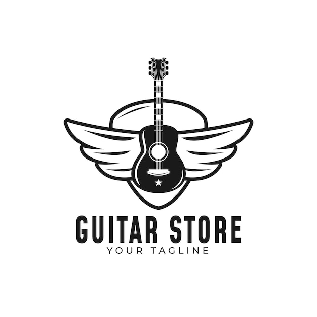 Vector gitaar met vleugel logo ontwerp illustratie voor gitaarwinkel