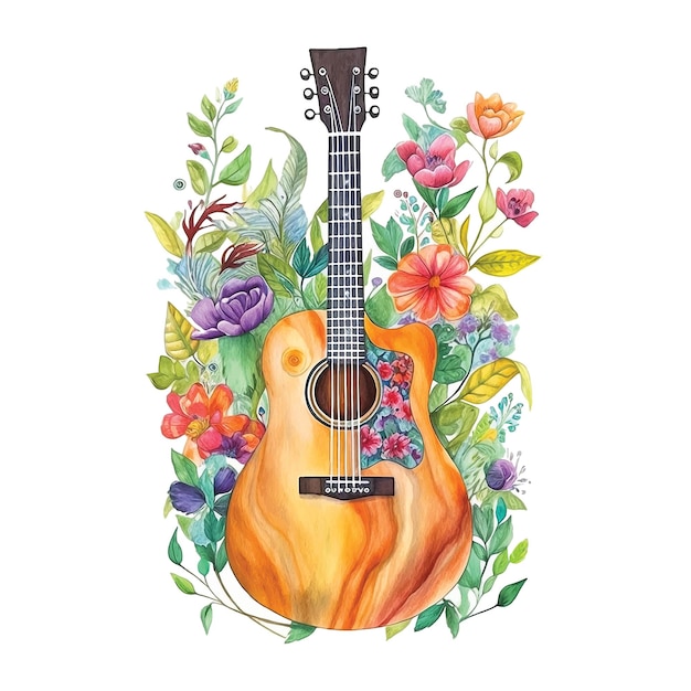 Gitaar omringd met bloemen aquarel verf