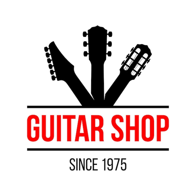 Gitaar winkel vector logo sjabloon met verschillende typen gitaar asblokken