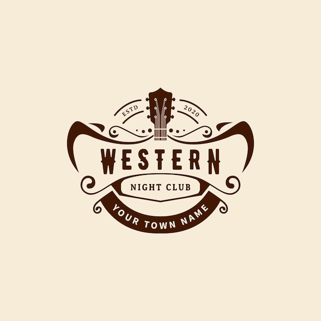 Gitaarmuziek vintage retro western nachtclub bar met een cowboy logo ontwerp inspiratie