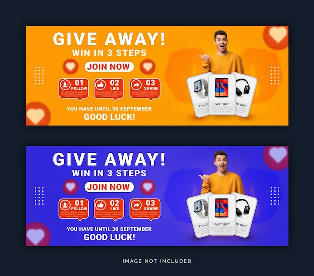 Give away product win in three steps Facebook Cover banner Social Media Post Template