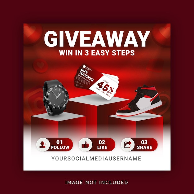 Give Away Win In Three Steps Instagram Banner Ad Concept Social Media Post Template