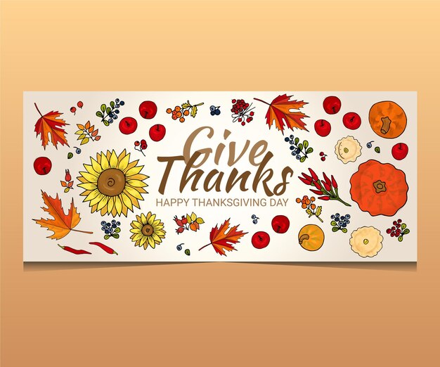 Give Thanks Happy Thanksgiving day lettering postcard with autumn leaves apple sunflower