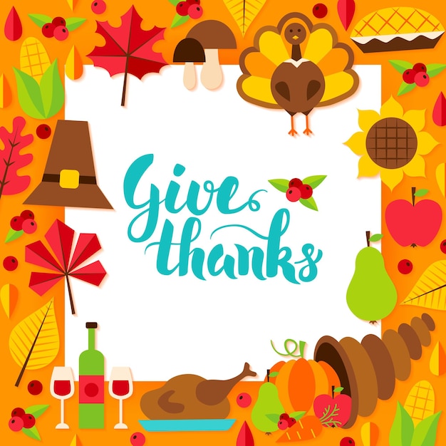 Vector give thanks paper template. vector illustration with lettering. autumn holiday concept.