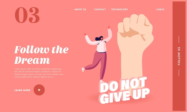 Do Not Give Up, Motivation and Aspiration Landing Page Template. Tiny Female Character at Huge Raising Fist. Goal Achievement, New Heights and Human Inner Resources. Cartoon Vector Illustration