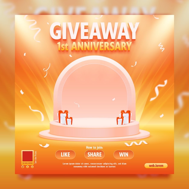 Vector giveaway anniversary with podium and spotlight background template