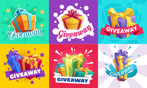 Vector giveaway gifts promotion, free prizes quiz and lottery with presents ad