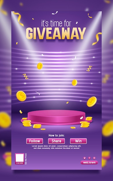 Giveaway poster template with podium on spotlight neon line background