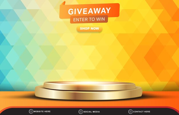 Giveaway sale template banner with blank space 3d podium for product sale with abstract gradient orange and blue background design