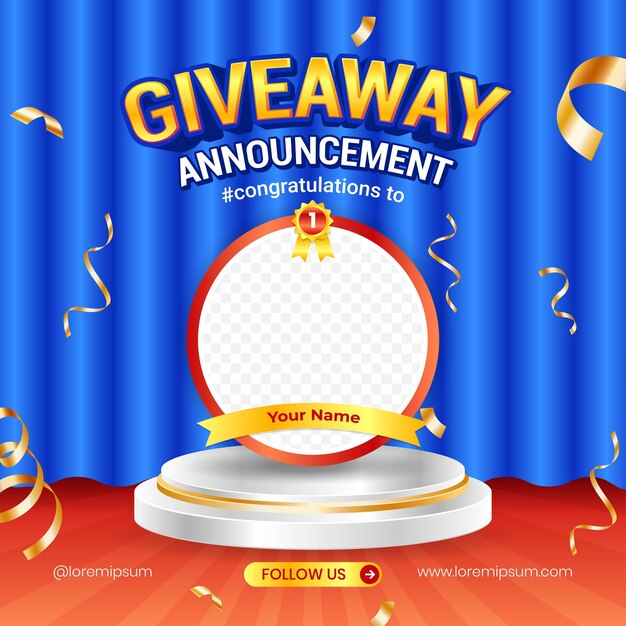 Giveaway winner announcement social media post banner template with 3d element