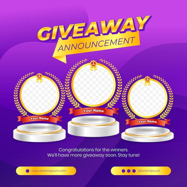 Vector giveaway winner announcement social media post banner template with 3d element