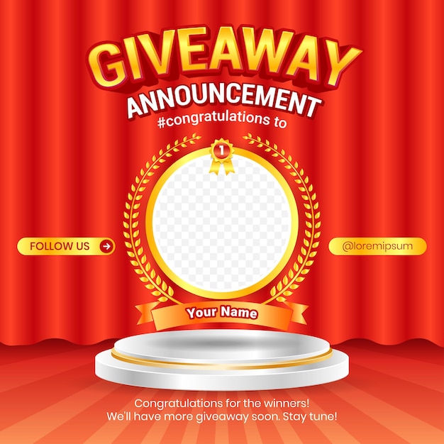 Giveaway winner announcement social media post banner template with 3d element