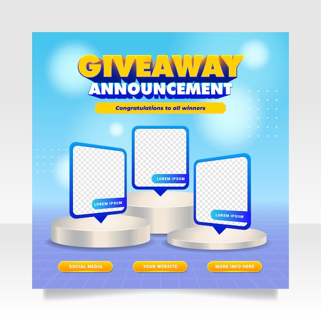 Modello di banner per post sui social media per l'annuncio del vincitore del giveaway