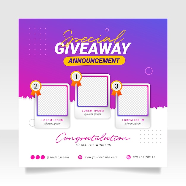 Vettore modello di banner per post sui social media per l'annuncio del vincitore del giveaway