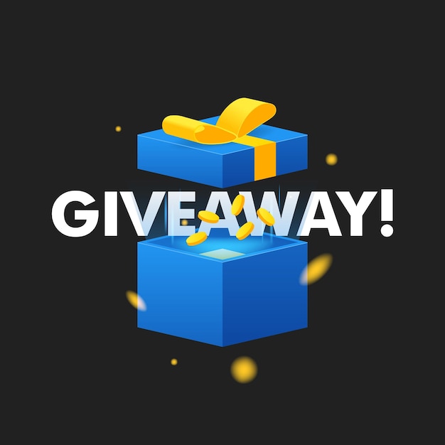 Giveaway word above open box with light explosion and golden coins inside on black background illustration poster template Give away text and giftbox isolated vector object