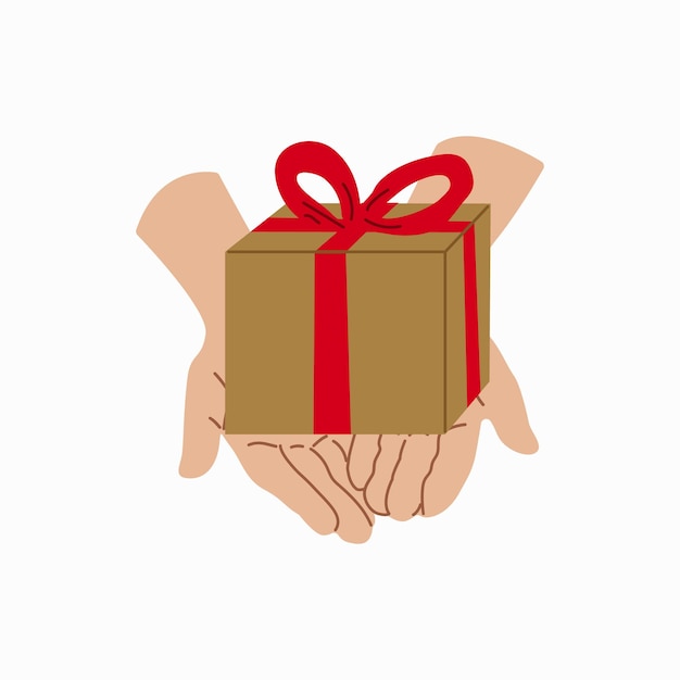 Вектор Подарение подарка рука с подарочной коробкой дизайн для веб-баннера золотая упаковка с красной лентой вектор