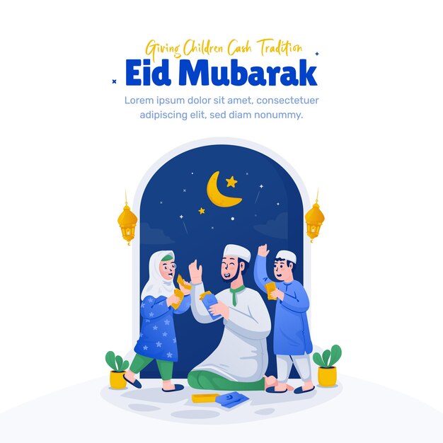 Giving children cash tradition during eid illustration greeting card