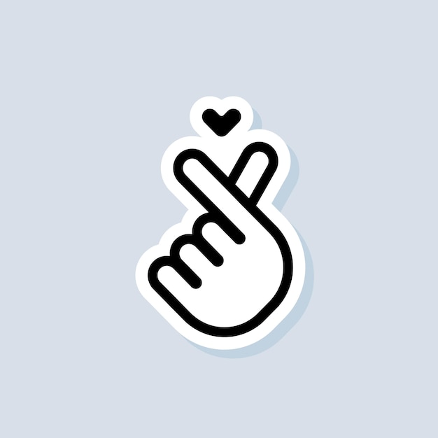 Стикер любви. рука держит сердце. корейский логотип finger. вектор на изолированном фоне. eps 10.