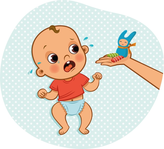 Giving a toy to a crying baby Vector illustration