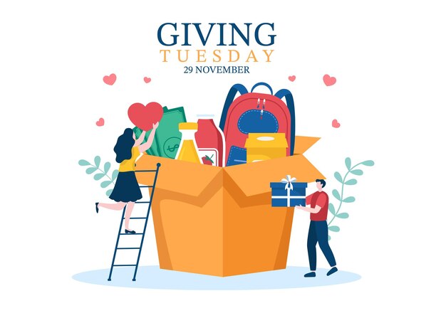 Vector giving tuesday celebration with give gifts to encourage people to donate in hand drawn illustration