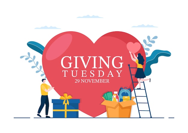 Vector giving tuesday celebration with give gifts to encourage people to donate in hand drawn illustration