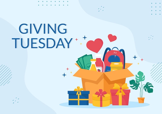 Vector giving tuesday celebration with give gifts to encourage people to donate in hand drawn illustration