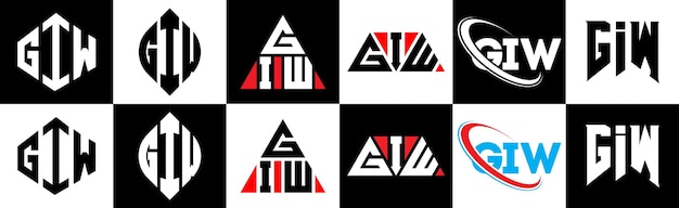 Вектор Дизайн логотипа буквы giw в шести стилях. многоугольник giw, круг, треугольник, шестиугольник, плоский и простой стиль с черно-белым цветовым вариантом логотипа буквы, установленный в одном артборде. минималистичный и классический логотип giw.