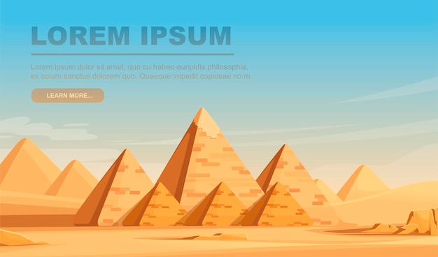 Giza Egyptian Pyramids desert landscape with sky flat vector illustration horizontal banner design.