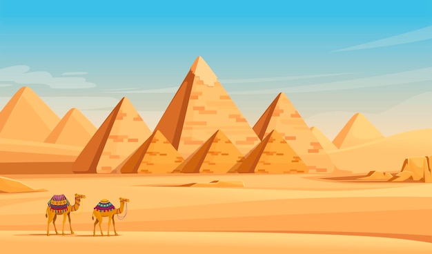 Giza Egyptische piramides woestijnlandschap met kamelen platte vector illustratie horizontale afbeelding.