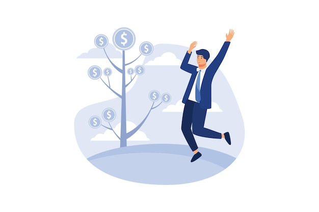 The glad businessman is standing under the tree of money. flat vector illustration