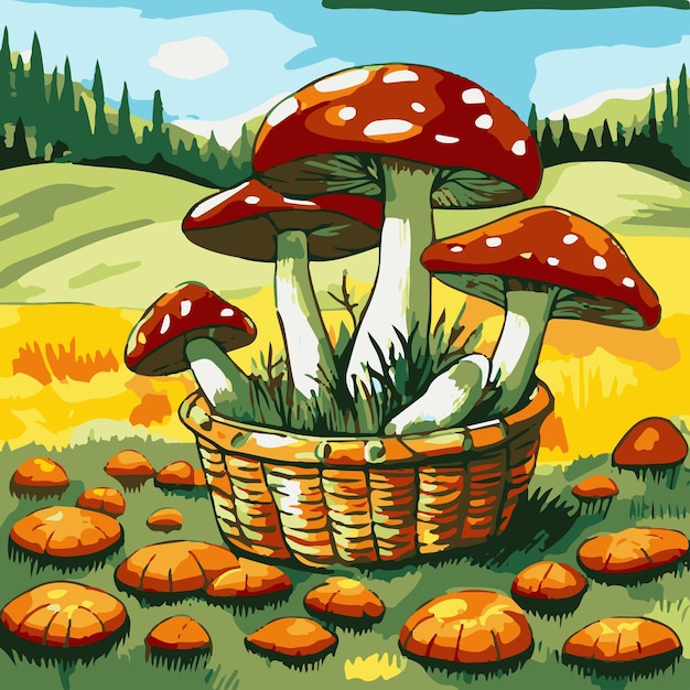 Glade con funghi d'autunno in un cestino carino volare agarico nella foresta illustrazione vettoriale cartone animato