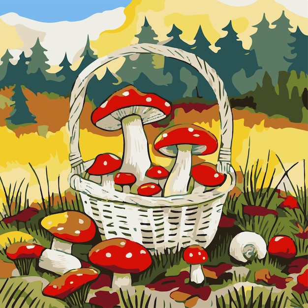 Glade with autumn mushrooms in a basket cute fly agaric in the forest cartoon vector illustration