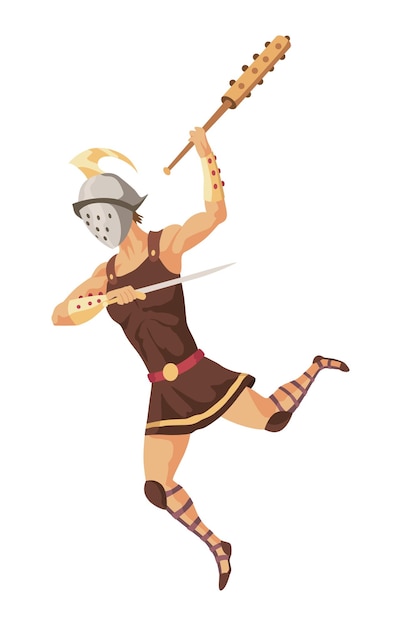 Vector gladiator fighting warrior ancient roman armored warrior ancient history combat show for audience cartoon vector illustration