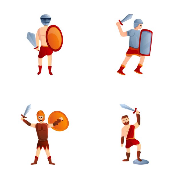 Вектор Иконки гладиаторов устанавливают вектор мультфильма римский солдат в доспехах и оружии исторический персонаж древний воин