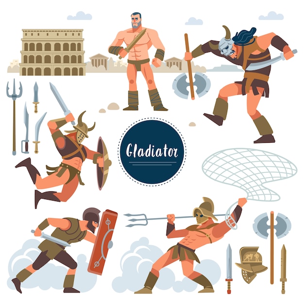 The gladiator. situato nell'antica roma illustrazione storico gladiatore, guerrieri personaggi piatti. guerrieri, spada; armatura; scudo, arena, colosseo. stile piatto.